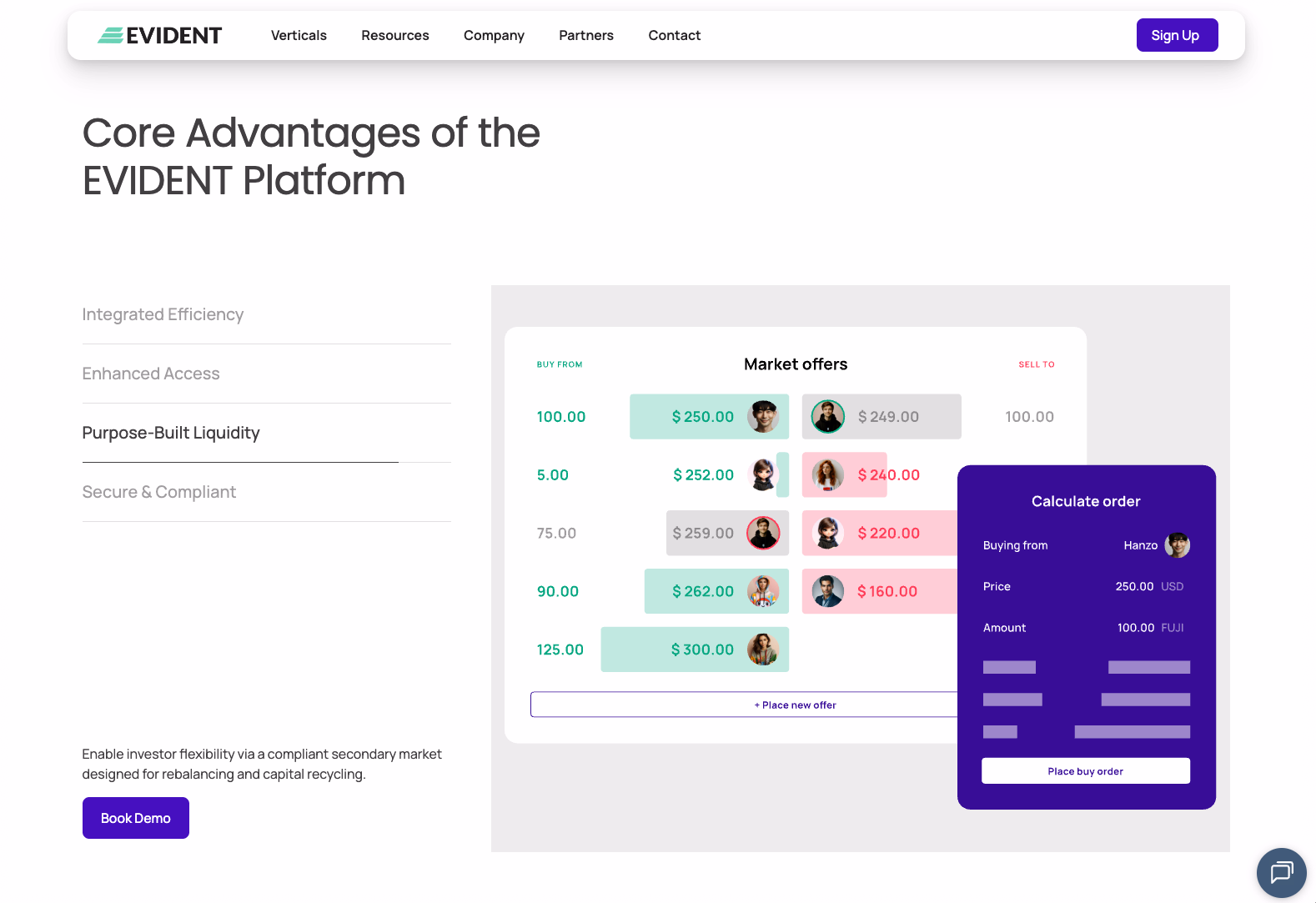 Evident Capital platform page showing market offers and order calculation interfaces.