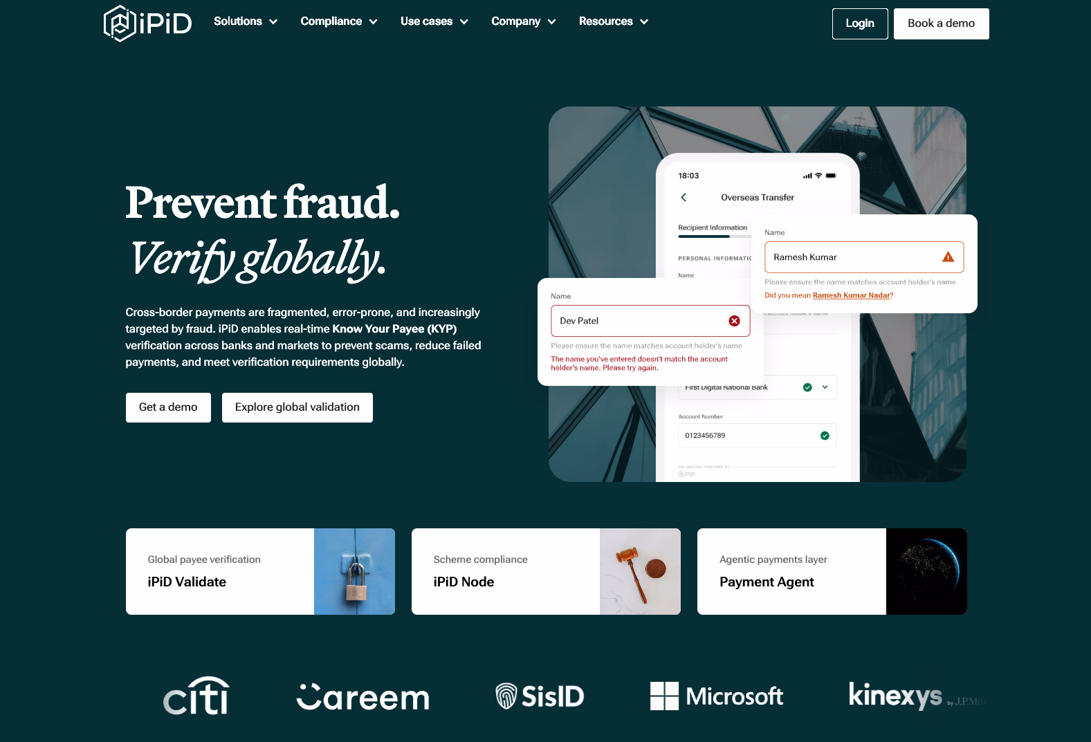 iPiD corporate website homepage showing the Prevent fraud, Verify globally headline with product UI overlays.