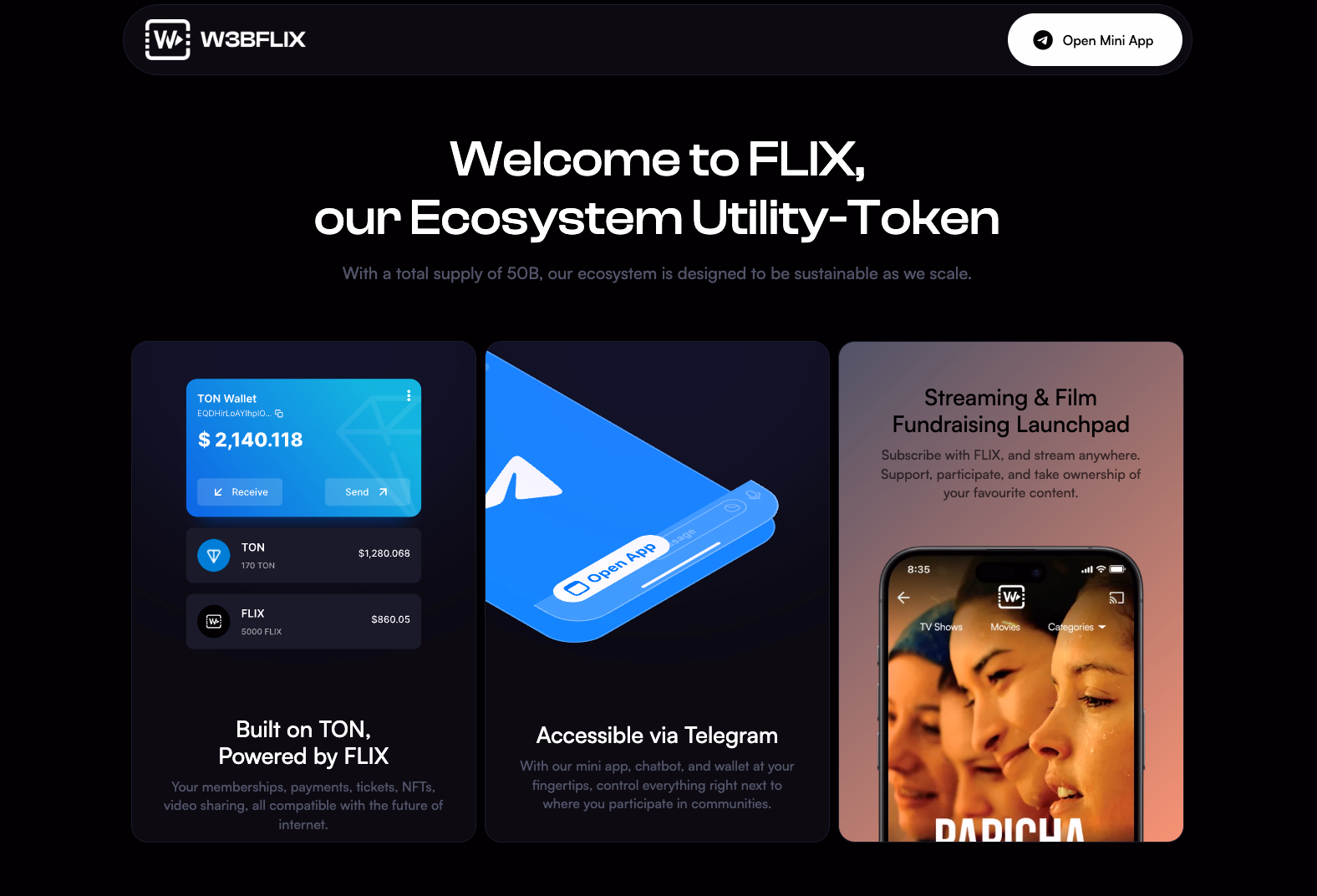 W3bflix token generation event page with dark theme showing ecosystem utility token information.